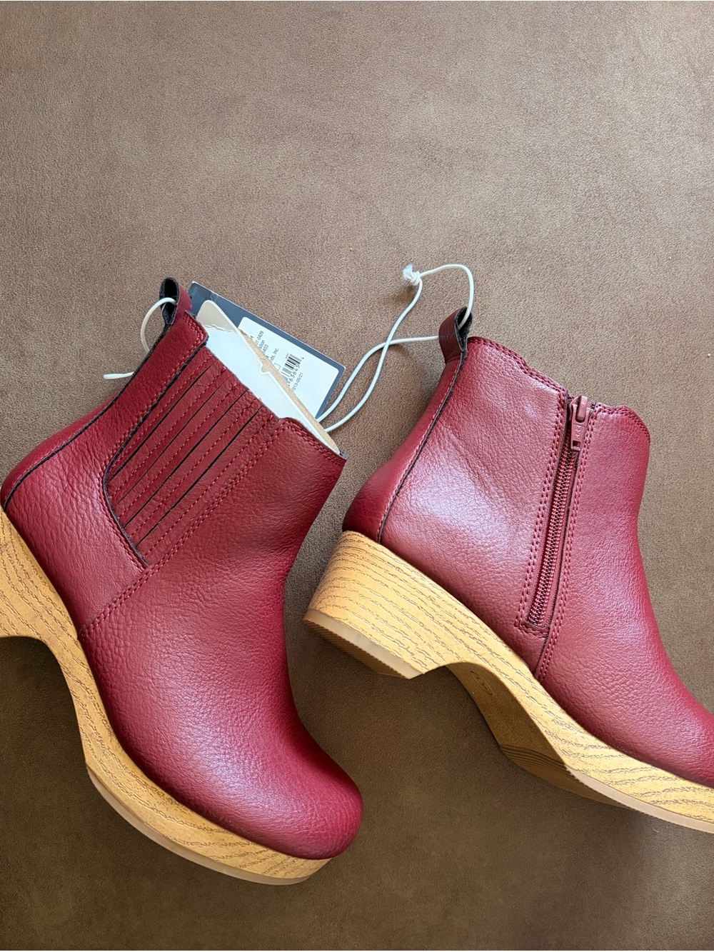 Women's Red Leather Ankle Boots with Wood-Effect Heel